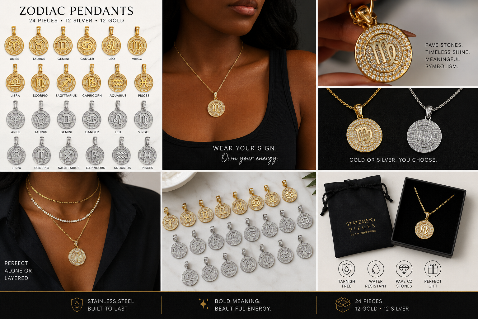 CZ Zodiac Pendant | Gold or Silver | Stainless Steel | Tarnish Free