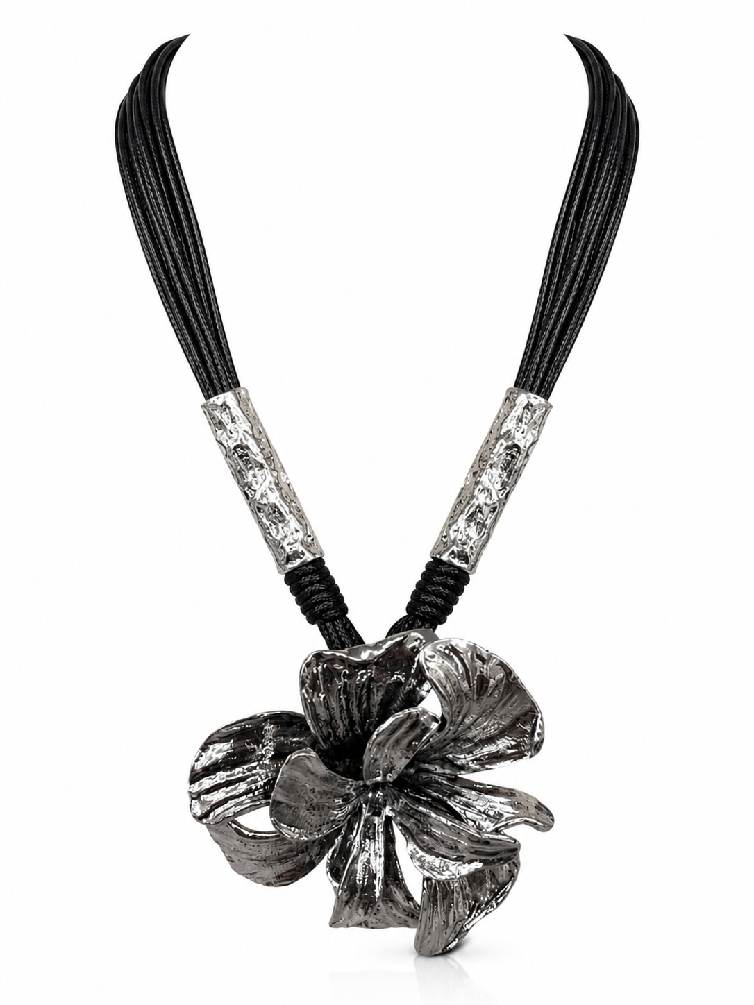 Midnight Bloom Statement Necklace - Black Multi-Strand Cord & Silver Floral Pendant