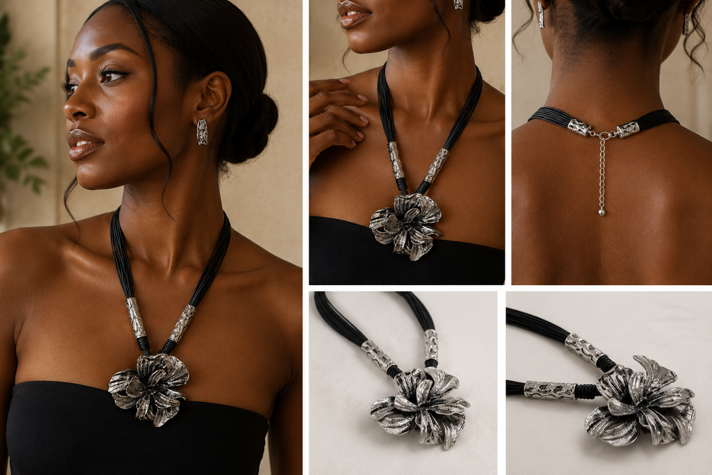 Midnight Bloom Statement Necklace - Black Multi-Strand Cord & Silver Floral Pendant